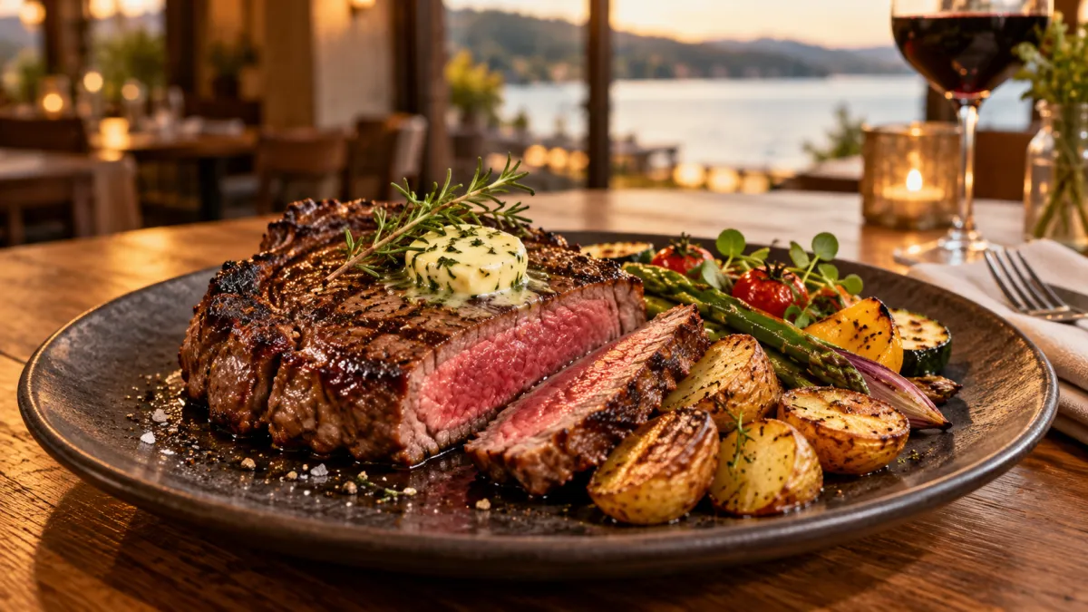 Aufgeschnittenes Ribeye-Steak mit Kräuterbutter, Röstkartoffeln und Grillgemüse auf einem dunklen Teller