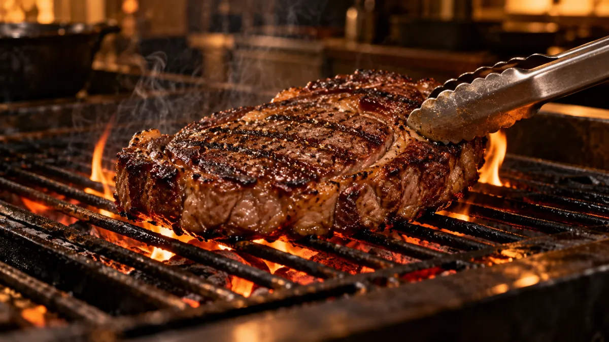 Ein Steak liegt auf dem Rost über glühender Holzkohle, eine Grillzange greift danach