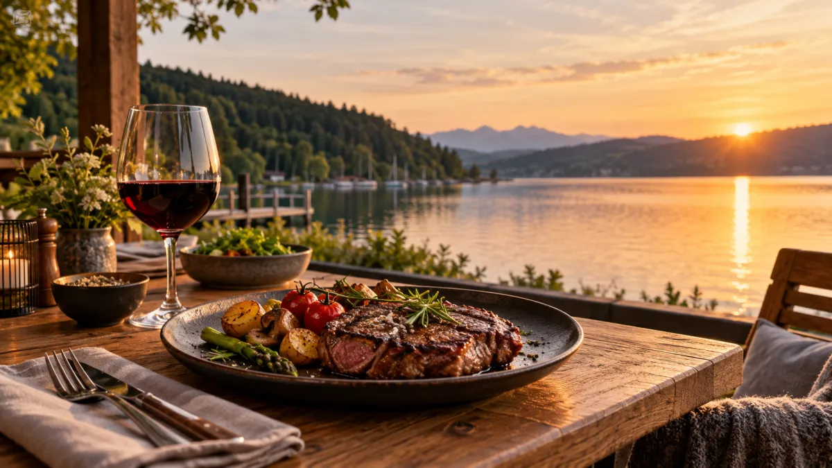 Gegrilltes Steak mit Gemüse und ein Glas Rotwein auf einem Holztisch direkt am See bei Sonnenuntergang